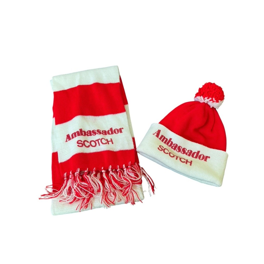 Vintage Ambassador Scotch Knit Hat & Scarf Set Red‎ White Pom Pom USA Made